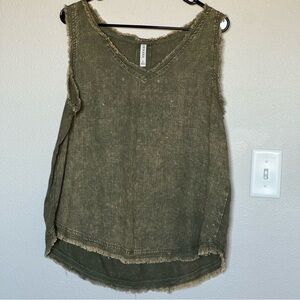Zenana Washed Linen/Rayon Olive Frayed Edge Tank Top